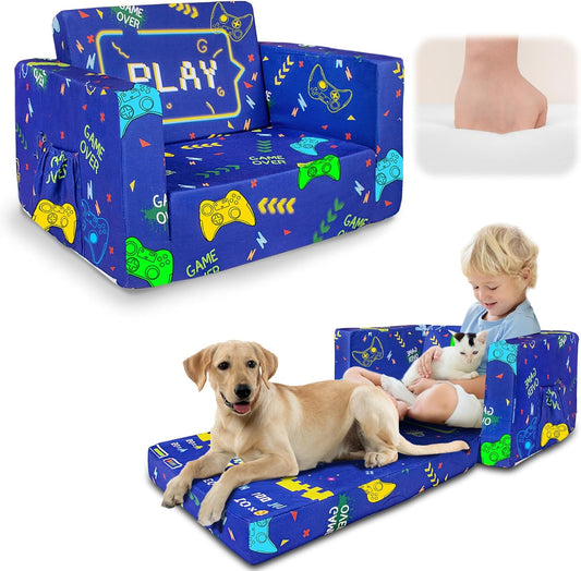 Kids Couch, 2-in-1 Kid Fold Out Couch, Convertible Kids Sofa to Lounger for Girls and Boys, Soft Toddler Chairs Comfy 1-3 Years Old(Gamepad)