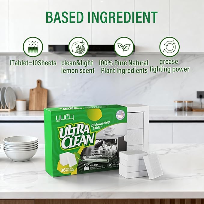 YCUO Dishwashing Pods,100% Pure Natural Plant-Based Solid Dishwashing Detergent Tablet, Removes Oil and Coffee Stains,Fresh Lemon Fragrance, Enhances Luster,Protects The Color of Tableware,36 Tablets