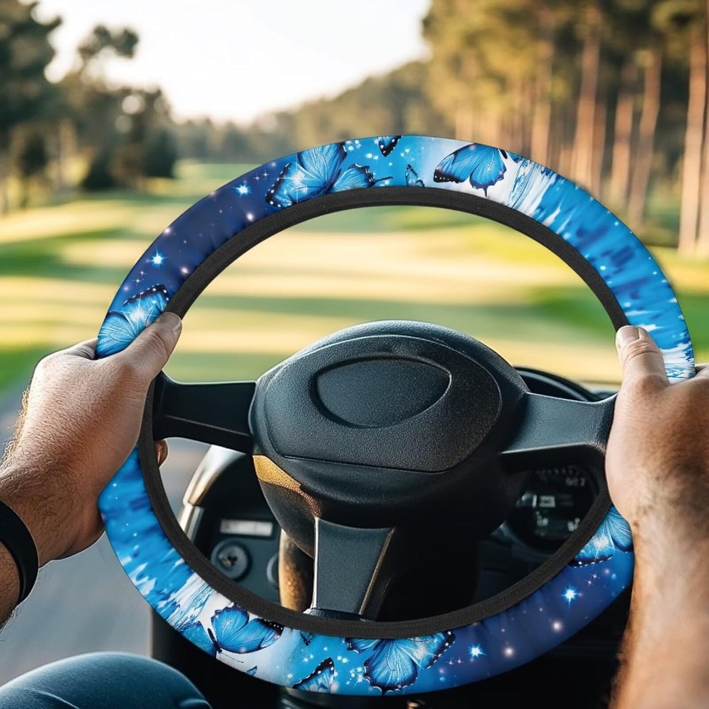 Bling Butterfly Water Golf Cart Steering Wheel Covers for Club Car Blue Universal Fit Golf Cart Steering Wheel Covers Non-Slip Soft Boat Steering Wheel Cover, 13-14 Inch Protector