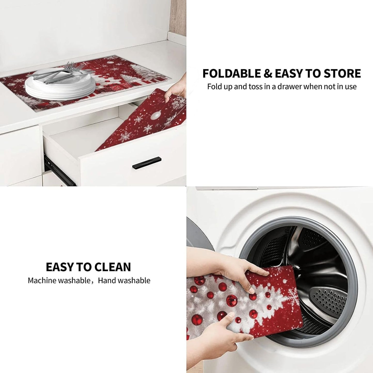 Dish Drying Mat Red Christmas Tree Ball Xmas Absorbent Microfiber Non Slip Quick Dry Heat Resistant Holiday Decorative Kitchen Counter Mat for Plates Cups Glasses 18x24 Inch