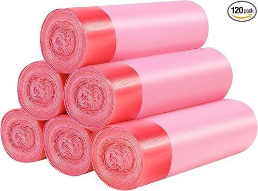 6Rolls Drawstring Small Trash Bags,4 Gallon Thicken Drawstring Small Garbage Bags for Kitchen,Bathroom,Bedroom,Home,Office Trash Cans，120 Counts (Pink)