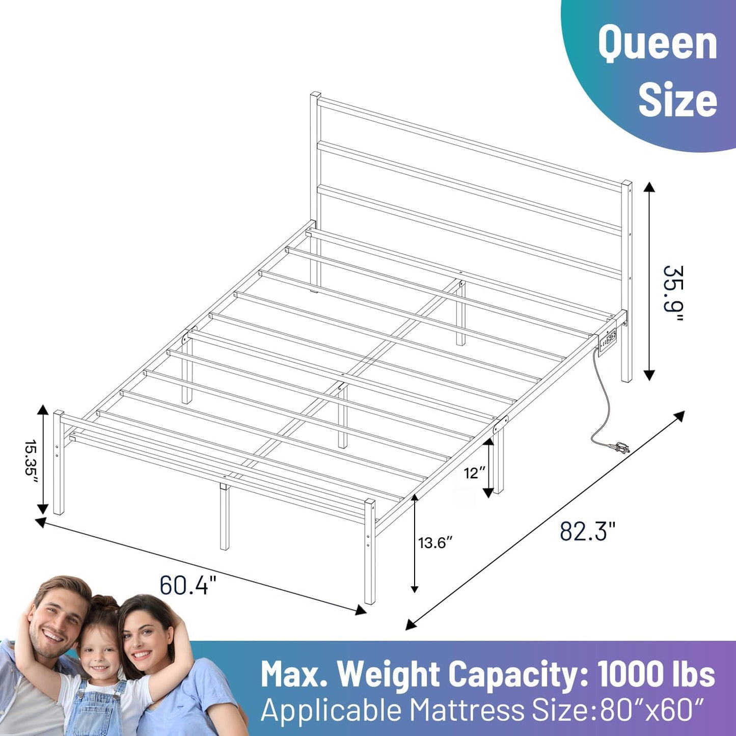 Queen Bed Frame with Headboard,Heavy Duty Steel Slats Support-LED Bed Frame with USB Charging Station,Mattress Foundation-Under Bed Storage,No Box Spring Needed,Noise Free,White