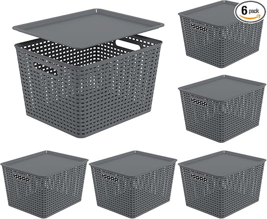 6-Packs Grey Woven Storage Baskets Bins with Lids, Plastic Large Stackable Baskets Box, 13.58'' x 11.42'' x 8.7''