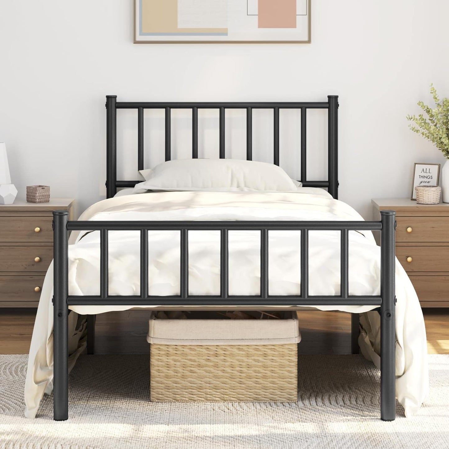 Yaheetech Twin Bed Frame Metal Platform Bed Frame Mattress Foundation with Spindle Headboard & Footboard/No Box Spring Needed/14 Inch Underbed Storage/Firm Support & Easy Set up Structure, Black