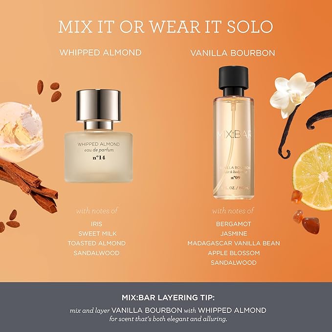 MIX:BAR Vanilla Bourbon Body Mist Spray, Hair Mist Perfume + Linen Spray for Women + Girls - Fragrance Notes of Vanilla Bean, Sandalwood, Jasmine + Bergamot - Vegan + Cruelty Free - 5oz.