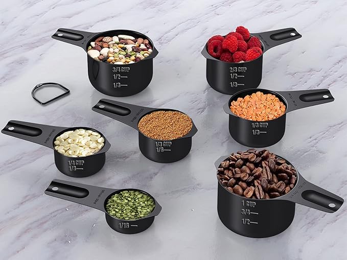 Wildone 21 Piece Black Measuring Cups & Spoons, Includes 7 Stainless Steel Measuring Cups, 8 Double Sided Measuring Spoons, 1 Leveler & 5 Mini Spoons