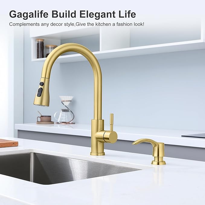 GAGALIFE Kitchen Sink Soap Dispenser with Large Bottle, Built in Sink Soap Dispenser Refill from Top, Brushed Gold