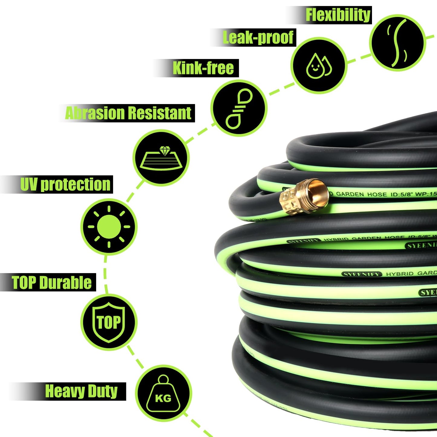 SYEENIFY Kink Free Garden Hose 50ft 5/8", Heavy Duty Hybrid Water Hose, Ultra Durable Flexible Rubber Hose with Sprayer Nozzle,Leakproof Yard Outdoor Hose with Brass Solid Connector