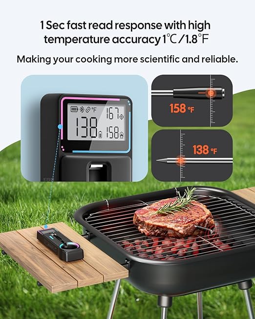 Bluetooth Wirless Meat Thermometer for Smoker Ultra Thin Meat Probe, Fitflavor Wireless Meat Thermometer Probe for Grill BBQ Oven Food Cooking, Waterproof, Alarm, Timer, Data Tracking (FNT21-1)