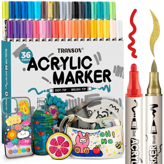 TRANSON 36 Colors Bold and Brush Dual-tip Acrylic Paint Marker Pen Set for Canvas Rock Wood Leather Ceramic DIY Painting