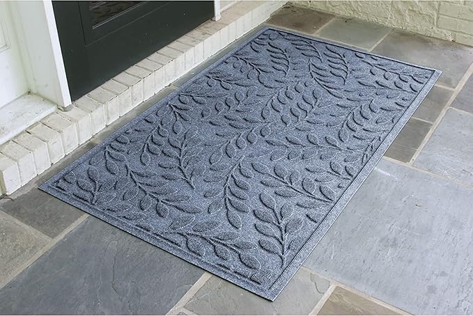 WaterHog Welcome Mat for Indoor/Outdoor, 3’ x 5’, Made in USA, Durable & Water-Resistant, Dirt Trapping Mat, Decorative Front Door and Entryway Rug, Brittney Leaf Design, Bluestone