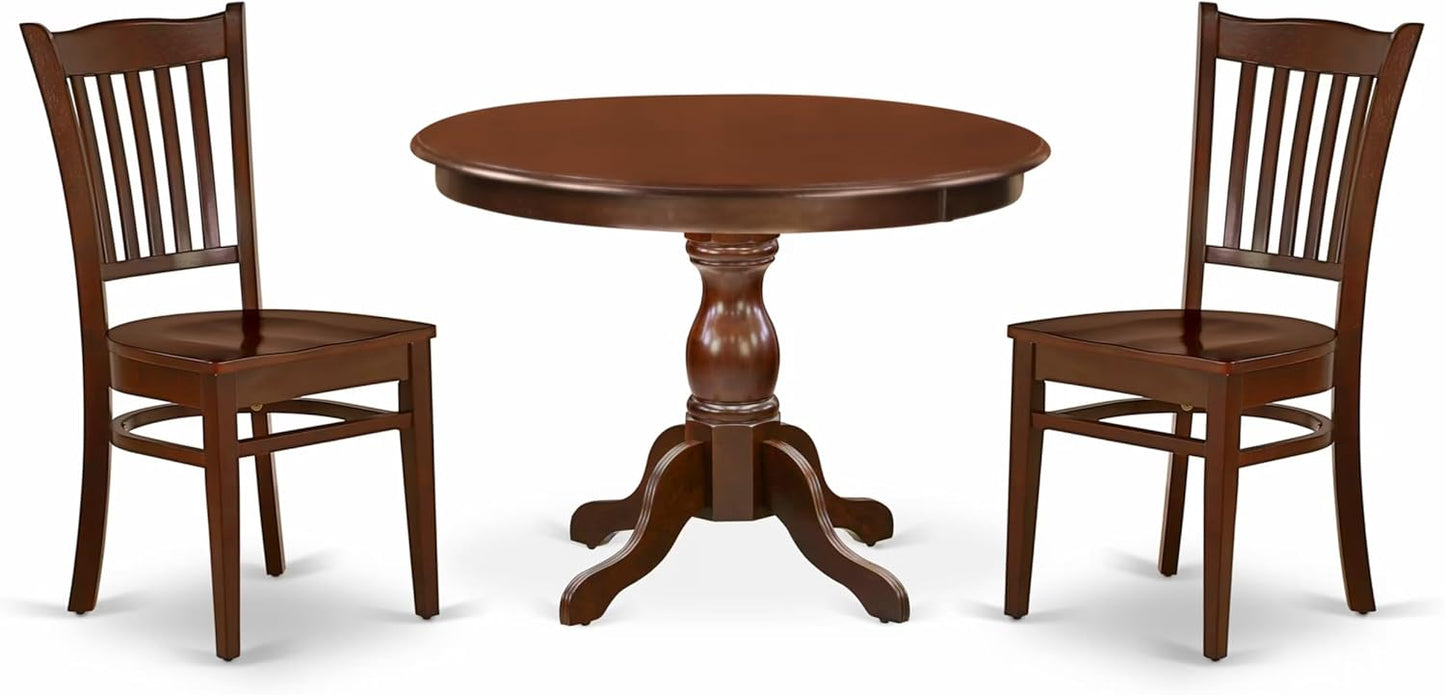 East West Furniture HBGR3-MAH-W 3 Piece Dining Room Table Set Contains a Round Kitchen Table with Pedestal and 2 Dining Chairs, 42x42 Inch, Mahogany