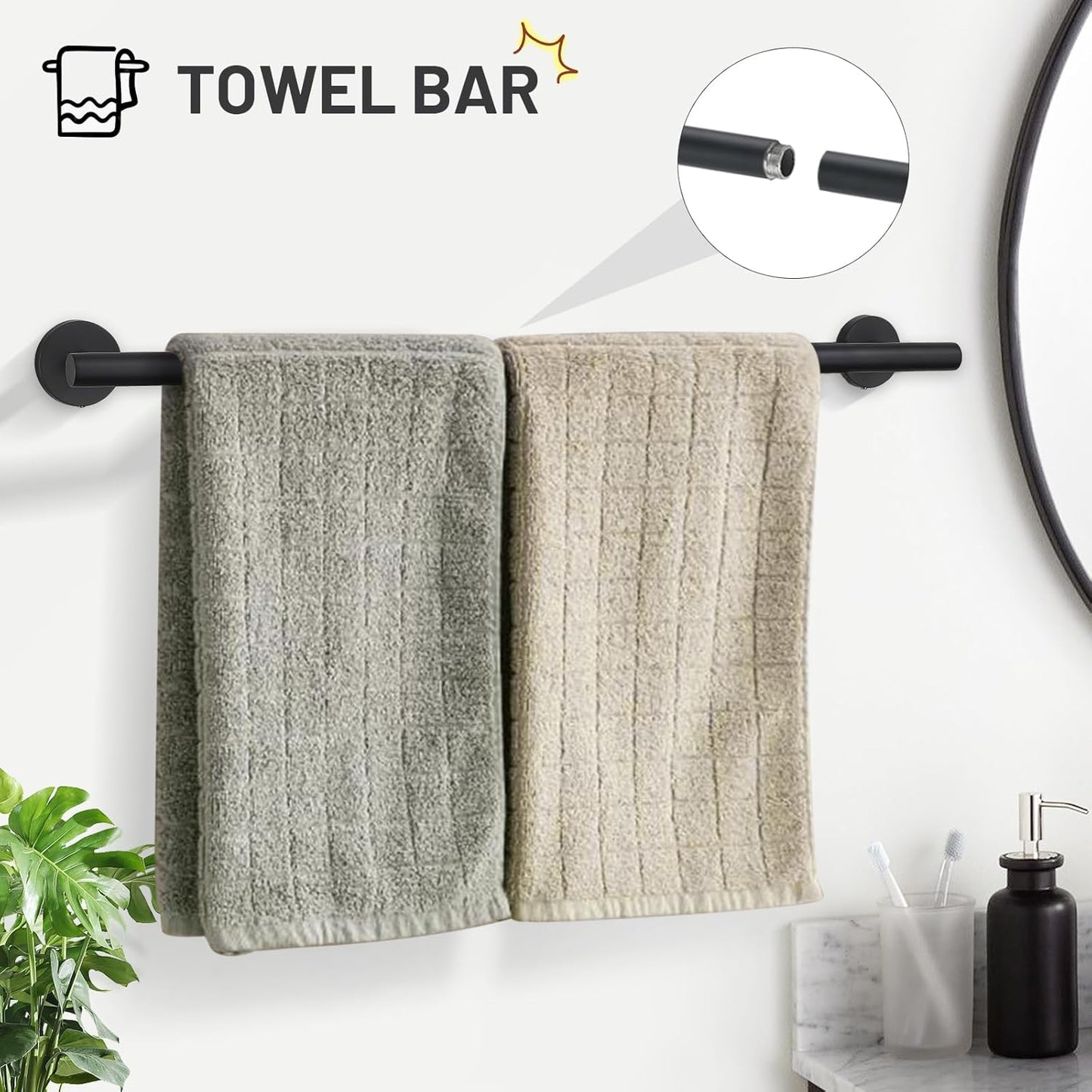 TURS Matte Black 5 Piece Bathroom Hardware Set, SUS304 Stainless Steel Bath Towel Bar Set, 24 Inch Round Bathroom Accessories Kit Wall Mounted