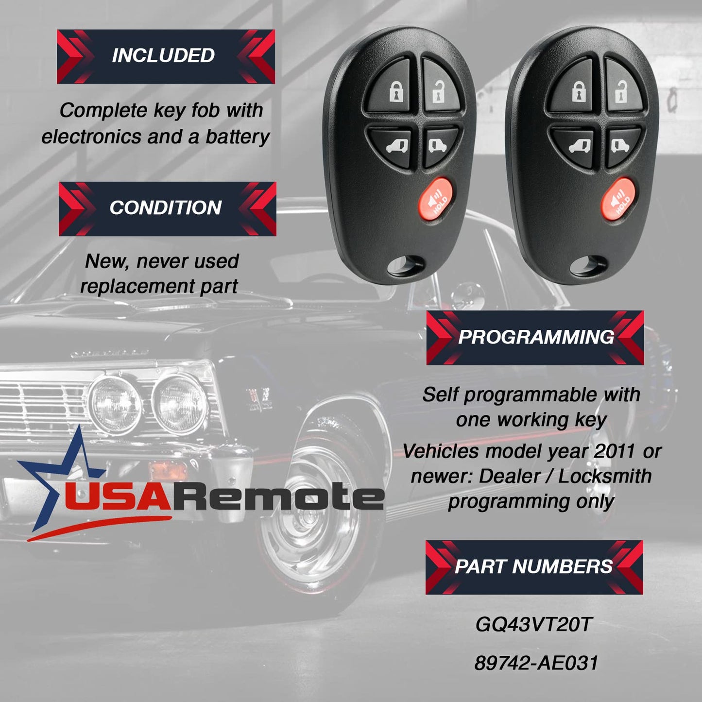 Key Fob Keyless Entry Remote Fits 2004-2016 Toyota Sienna (Gq43Vt20T 5-Btn, Set Of 2)