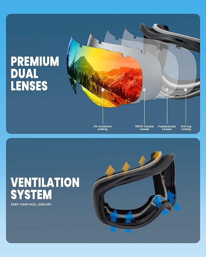 AVV Ski Goggles UV Protection, Anti-Fog Snowboard Snow Goggles OTG for Men Women Adults & Youths