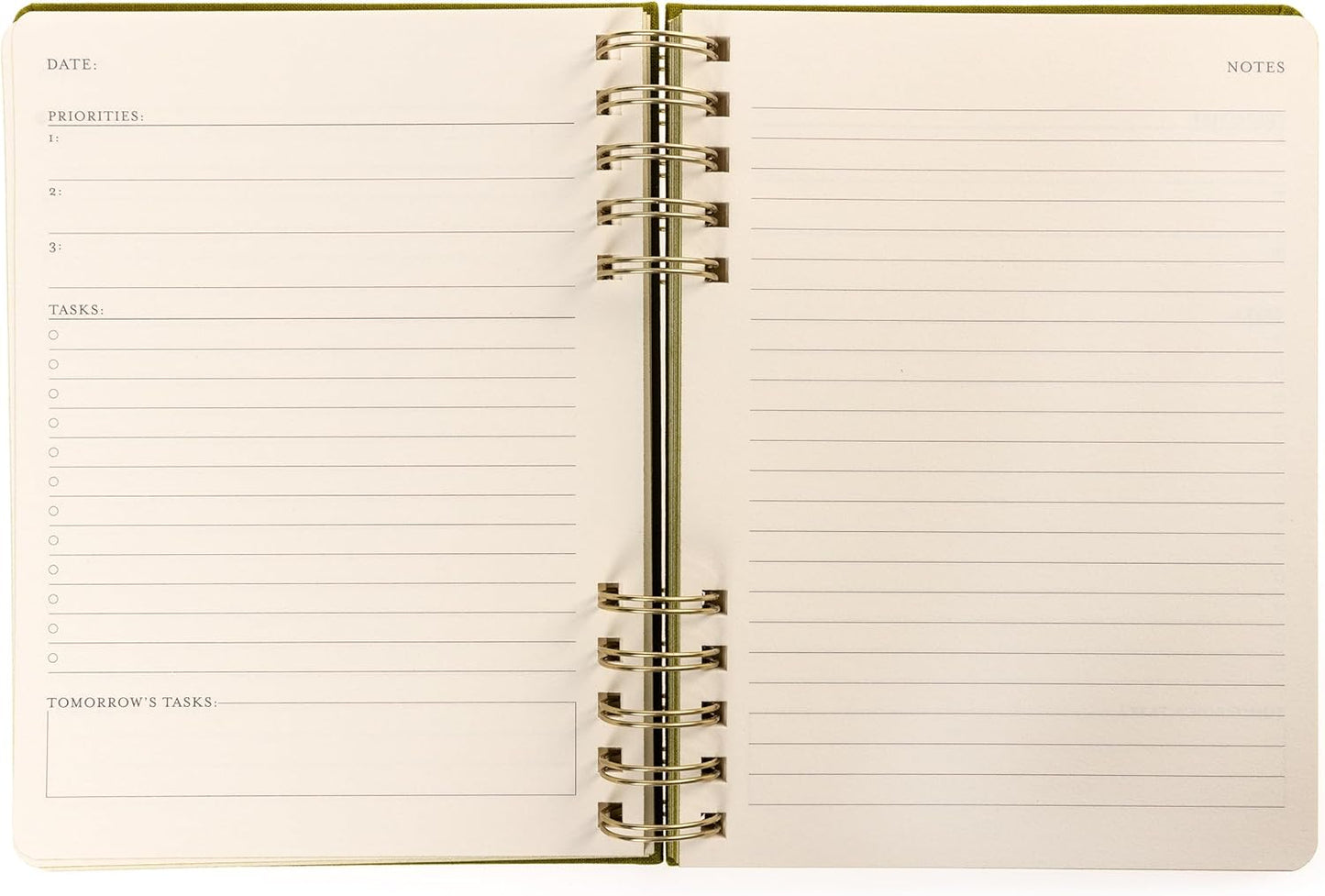 Daily Task Journal by Graphique Luxe Collection, Fabric-Wrapped Hardcover Spiral Notebook for Planning & Writing, Priority List Planner with Magnetic Bookmarks & Gold Foil Embossing,192 Pages, 6” x 8”, Olive Green