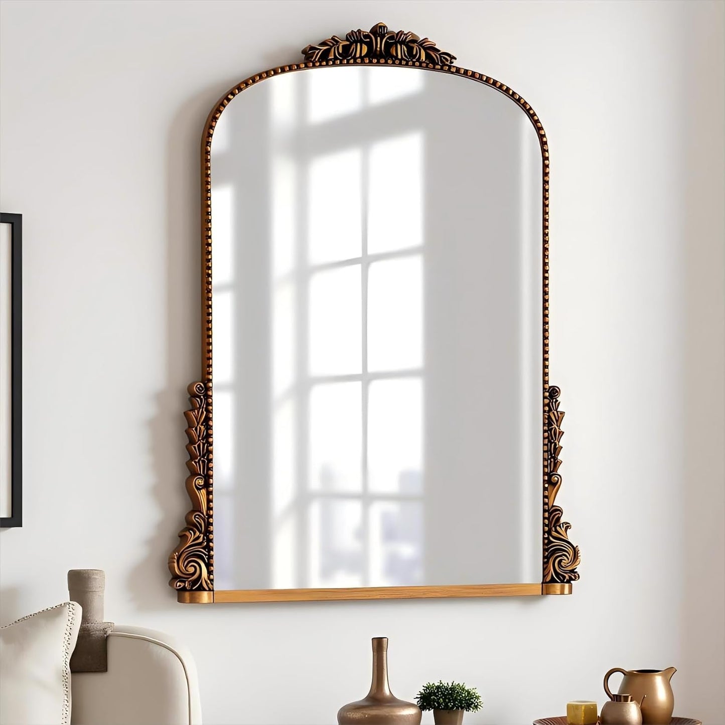 SHYFOY Antiqued Wall Mirror Decorative Vintage Mirrors for Wall Decor, Baroque Wall Mirrors Ornate Arch Mantel Mirror for Living Room Entryway Powder Room, Bronze Dark-Gold Wall Decor, MDF Backing
