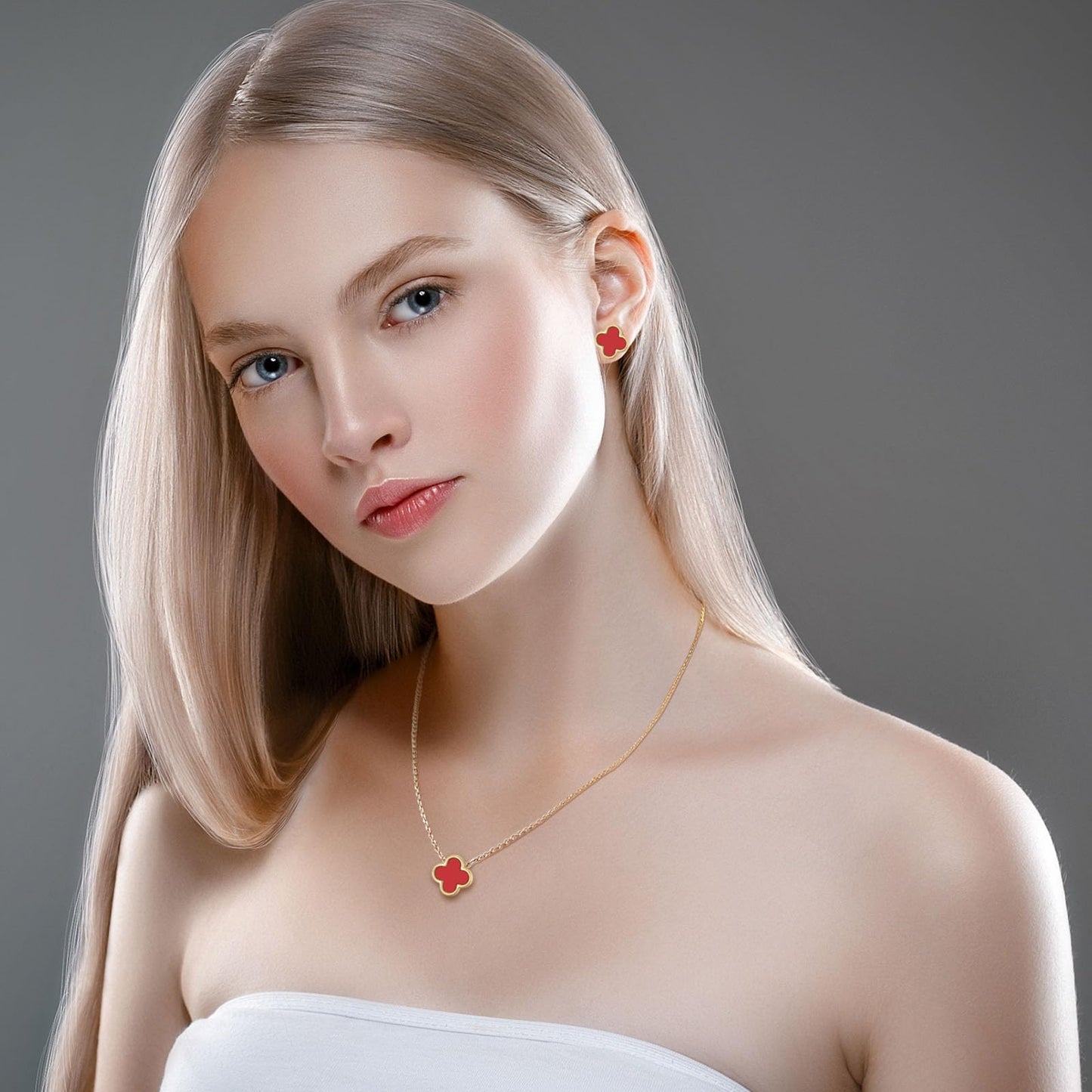 KYJAC Clover Jewelry Set - 18k Gold Plated Pendant Necklace and Stud Earrings - White, Black, Red Four Leaf Clover - Gifts for Women (Gold Red Set)