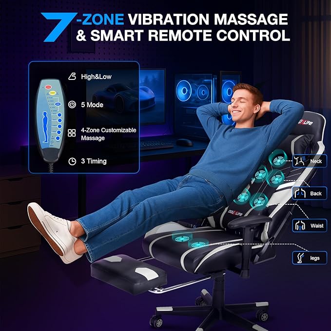 Douxlife 7-Point Massage Gaming Chair, 175° Gaming Recliner with Footrest Ergonomic Computer Office Chair High Back Video Game Chair with Lumbar Support, Upgraded Version Black and White