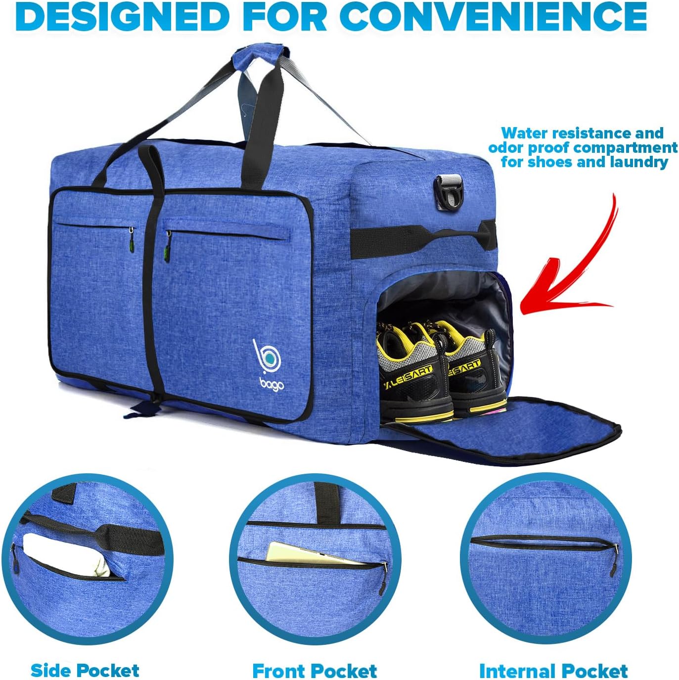 Bago Large Foldable Duffel Bags for Traveling Women & Men - 120L Packable Duffle Bag for Travel with Shoe Compartment - Water Repellant, Heavy Duty, Lightweight Folding & Collapsible (SnowDepBlue)