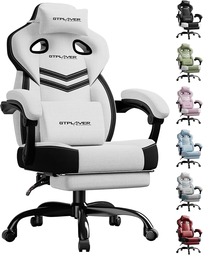 GTPLAYER Gaming Chair, Computer Chair with Footrest and Lumbar Support for Adults, 360°-Swivel Big & Tall Reclining Seat for Office or Gaming (White)