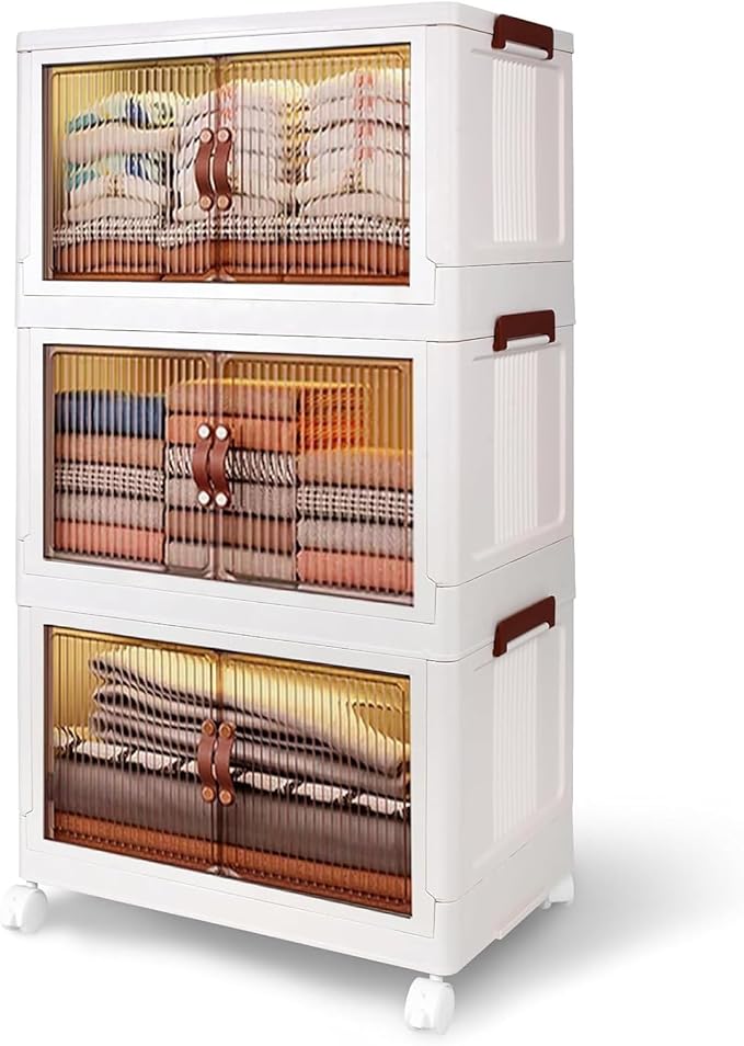 3-Tier Storage Bins with Wheels, Clear Plastic Stackable Organizer Boxes, Plastic Stackable Storage Bins, 280 QT Capacity, Foldable Storage Containers with Lids, Save Space, White (3 Tier, 25.8″)