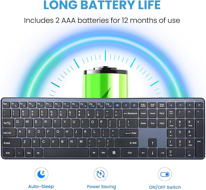 Wireless Keyboard-2.4G Ultra Slim Quiet Full Size USB PC Computer Keyboard,19 Multimedia Keys,Number Pad,Plug&Play,Lag-Free Ergo,Long Battery life for Desktop,Laptop,Smart TV,MAC,Windows,QWERTY