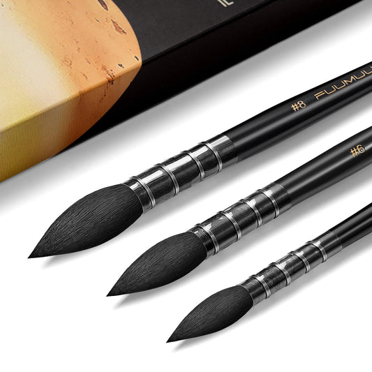 Watercolor Brushes Set, 3Pcs Fuumuui Round Quill Mop Fine Tips Watercolor Paint Brush, Soft Synthetic Squirrel Bristles, Short Handles for Watercolor Gouache Ink Painting - Sizes #2 6 8
