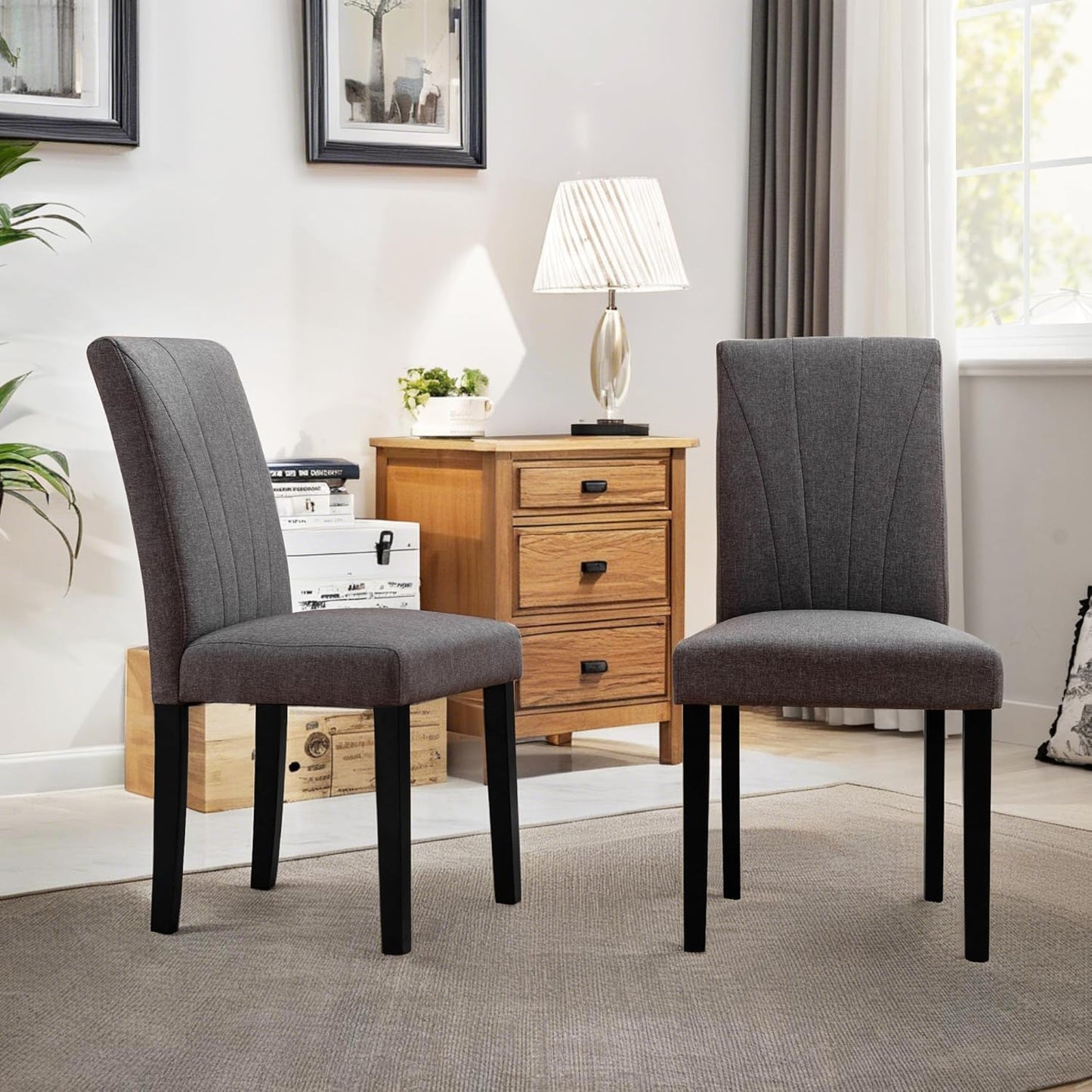 VECELO Upholstered Dining Chairs Set of 6, Modern Fabric and High Back & Solid Wood Legs, Parsons for Kitchen/Living Room- Dark Gray