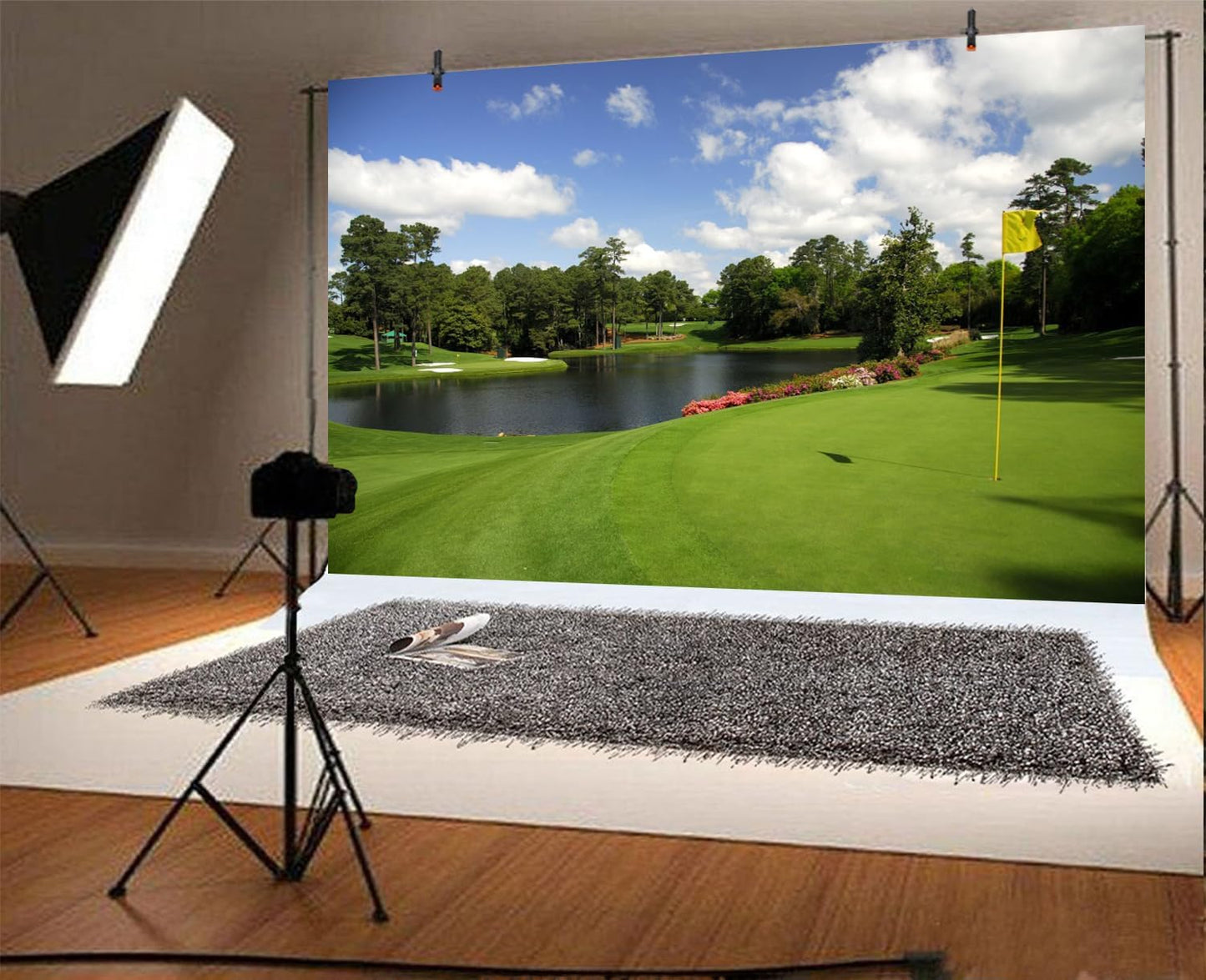 Golf Course Backdrop - Woodland Green Grass Lawn Flag Lake Sports Backgrounds for Photography, Party Decorations, Birthday Banner, Photo Studio Props - 9x6ft