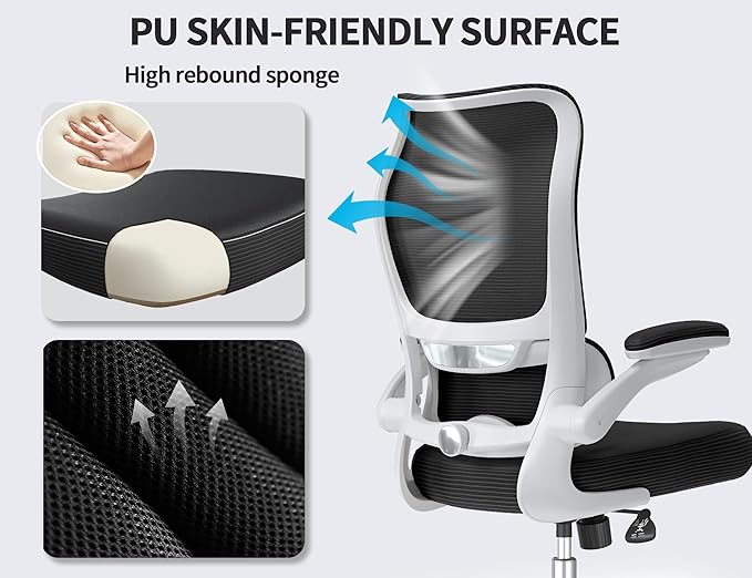 TRALT Ergonomic Office Chair - Desk Chair with Wave High Back Adjustable Lumbar Support Computer Chair - Gaming Chairs Mesh Backrest and PU Leather Seat (Black White)