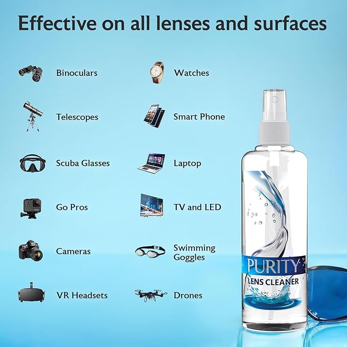 Purity Eyeglass Cleaner Family Pack - Multi-Size Lens Cleaner Kit - 1x1oz, 1x2oz, 1x4oz, 1x8oz Bottles + 4 Premium Microfiber Cloths - Safe for All Lenses, Eyeglasses, & Screens - Streak-Free Formula