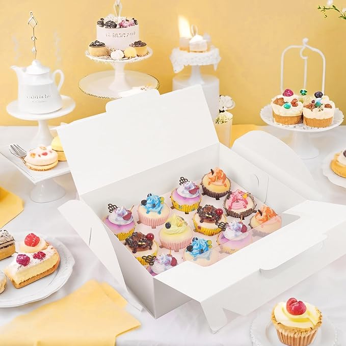 FORBFAN White Cupcake Boxes 12 Count, 30 Pcs Cupcake Containers with Handle, Window, and Inserts – Holds 360 Standard Cupcakes, Food-Grade Gable Boxes for Muffins, Cakes, and Party Desserts