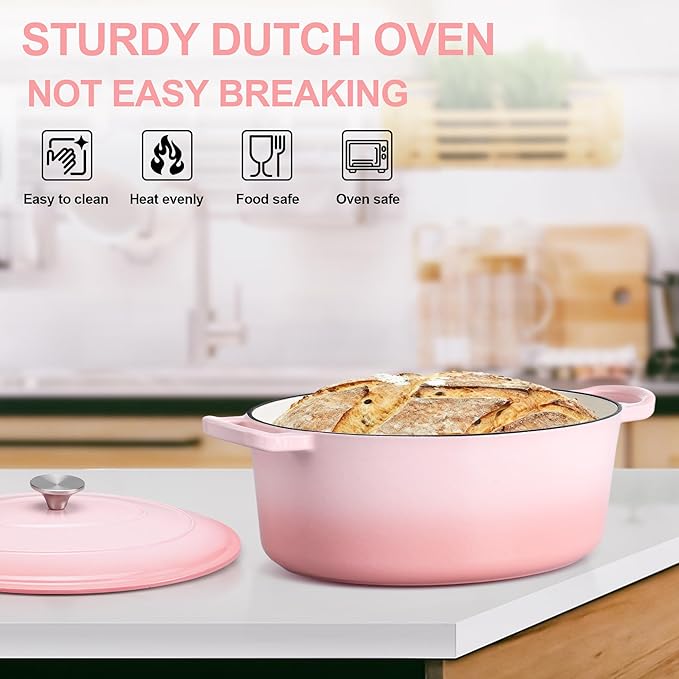 E-far 7QT Oval Dutch Oven Pot with Lid, Enameled Cast Iron Dutch Oven with Dual Handles, Heavy-Duty Cookware for Sourdough Bread Baking, Braising, Stews, Oven Safe & Easy Clean, Pink