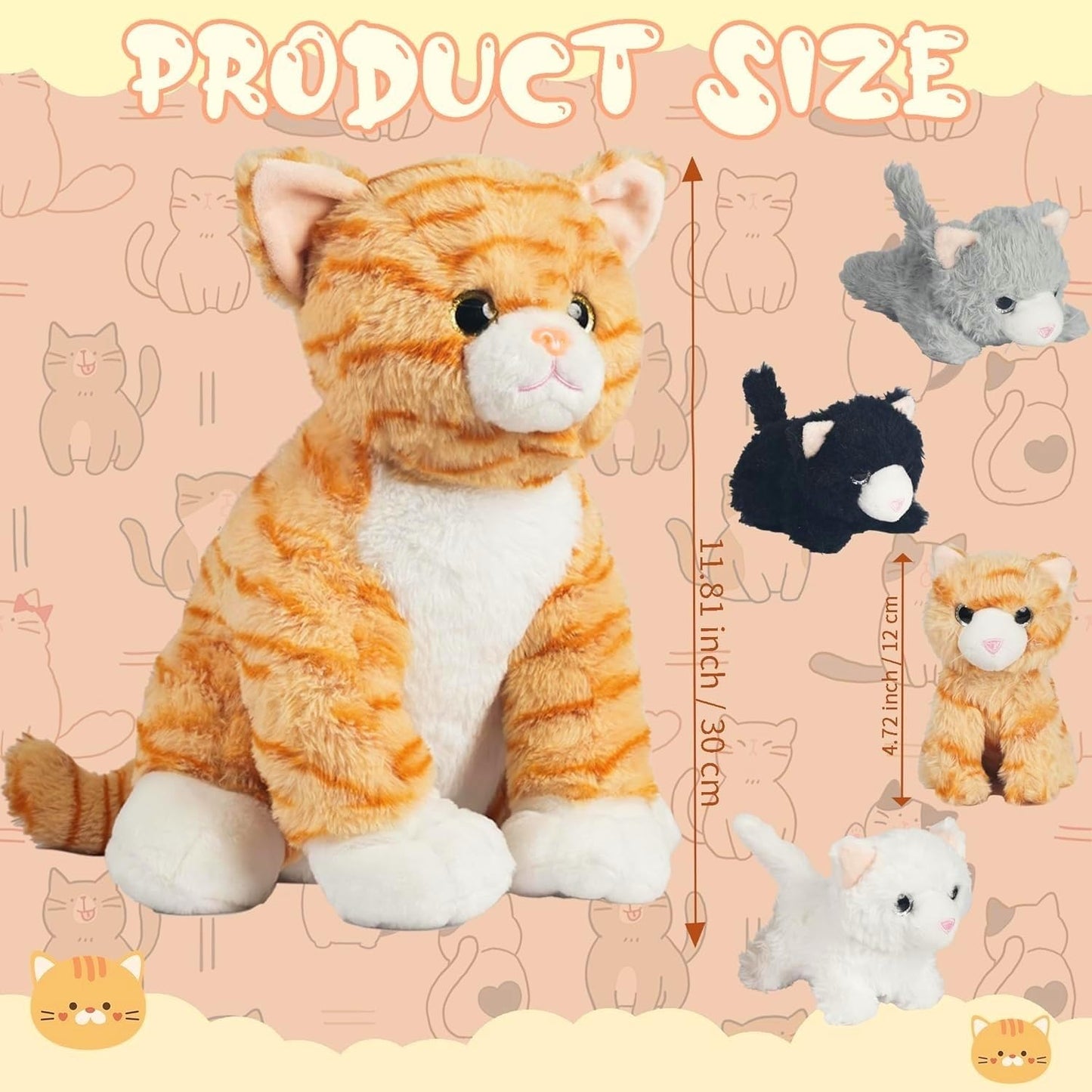 5 Pieces Cat Stuffed Animal with Babies Inside Belly 1 Mommy Stuffed Cat Toy with 4 Baby Plush Kittens, Orange Tabby Cat Plush Stuffed Kitty Plush Toys for Kids Birthday Party Favors Surprise Gifts