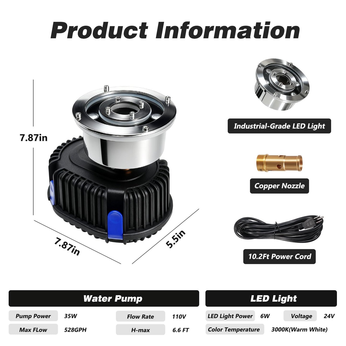 Pond Fountain Pump with LED Light for Outdoor Water Garden, 528GPH Submersible Pump Fountain Light Kits (Warm White) for Water Feature Koi Pond