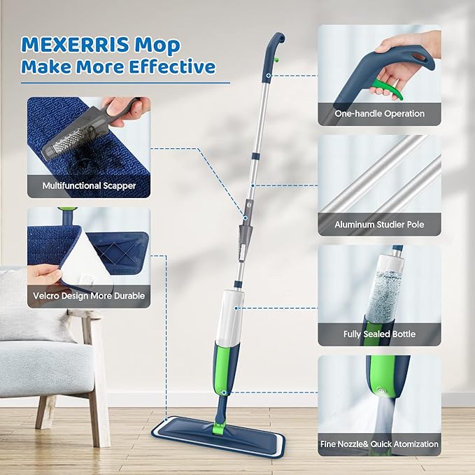 Spray Wet Mops for Hardwood Floor Cleaning: MEXERRIS Hard Wood Floor Flat Mop with Sprayer 5 Microfiber Washable Pads 2 Bottles - Dust Dry Mops Home Commercial Use for Laminate Vinyl Tiles Ceramic