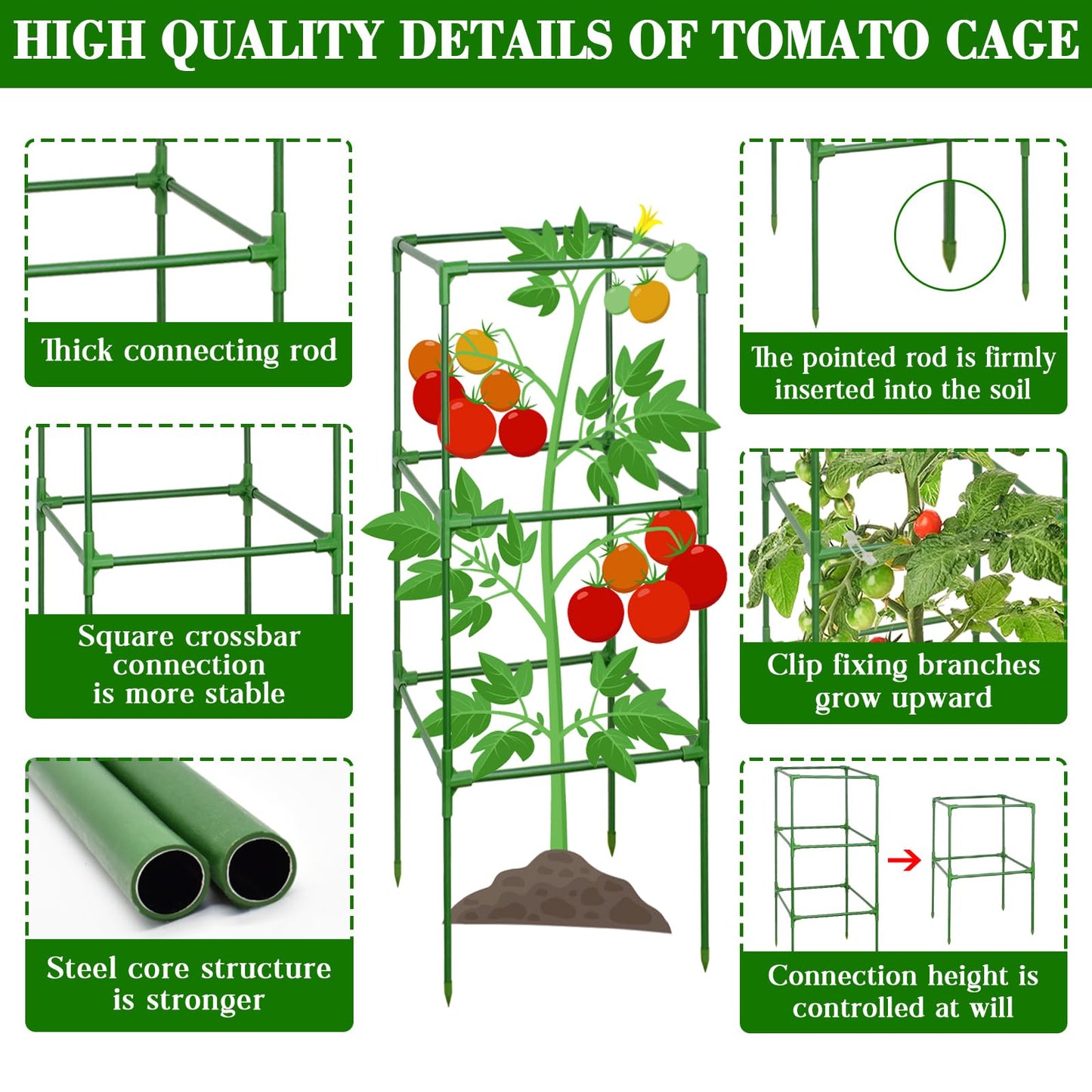 ZeeDix 2 Pack Heavy Duty Tomato Cages for Garden 60 Inches, Square Adjustable Tomato Trellis Cage Climbing Plant Support Trellis Plant Cages for Climbing Vegetables Flowers with 20Pcs Clips