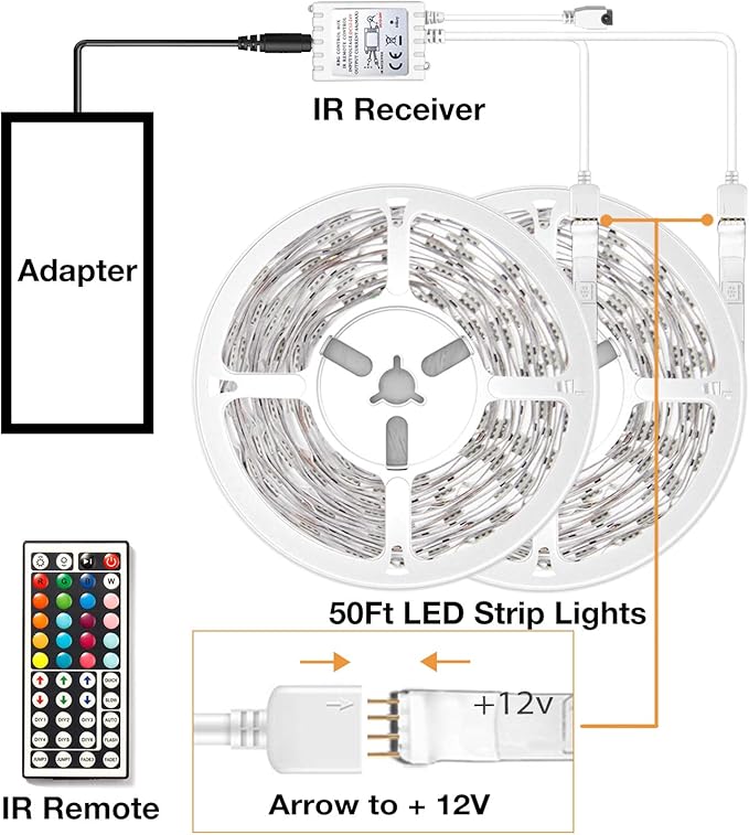 VOLIVO 50 FT RGB Led Strip Lights,Color Changing Led Light Strips Kit with 44 Keys IR Remote Control, Led Lights for Bedroom, Room, Home Decoration