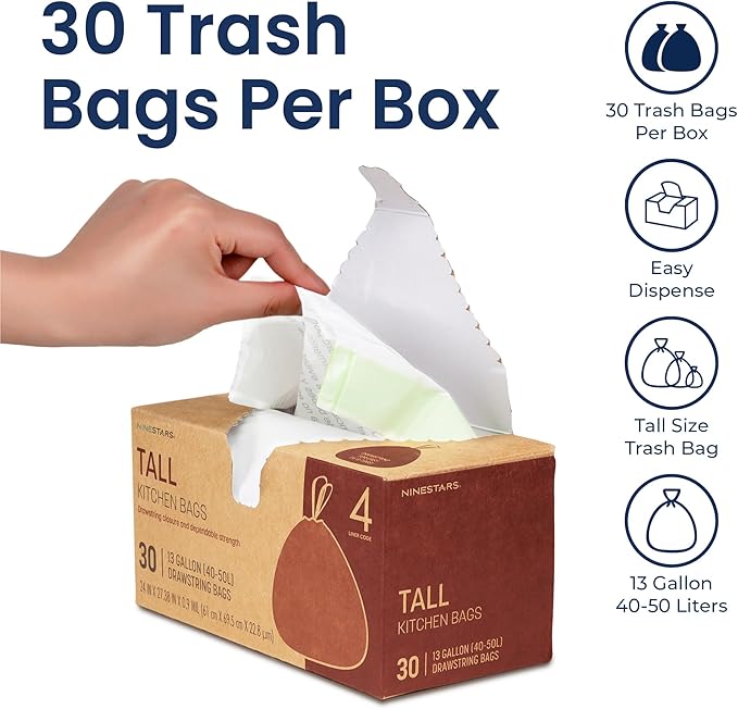 NINESTARS 13 Gallon Extra Thick Drawstring Trash Bags, Heavy Duty Leak-Proof White Plastic Garbage Bags for Kitchen, Bathroom, or Office, 90 Count
