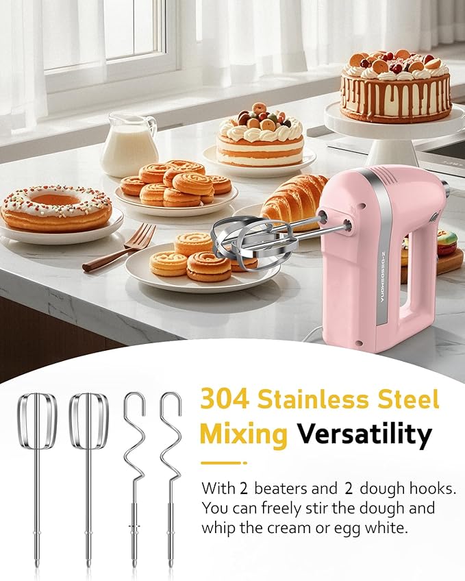 Electric Hand Mixer, Powerful 300W Hand Mixer Electric Handheld with 304 Beaters, Dough Hook,Hand Held Mixer with Turbo for Baking Cakes, Eggs, Cream Food(Pink)