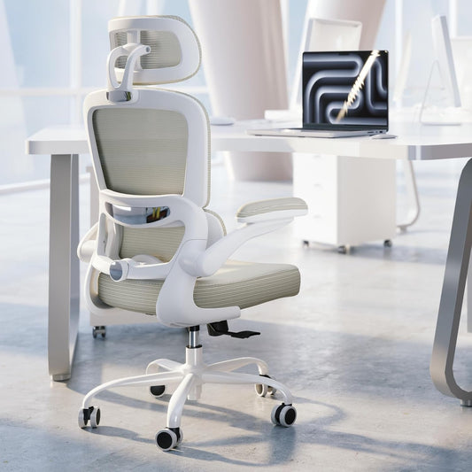 TRALT Ergonomic Office Chair - Desk Chair with Adjustable Headrest Lumbar Support Computer Chair - Mesh Comfy Chair with Flip-up Armrests - Gaming Chairs for Adults Home Office (Leather, Beige)