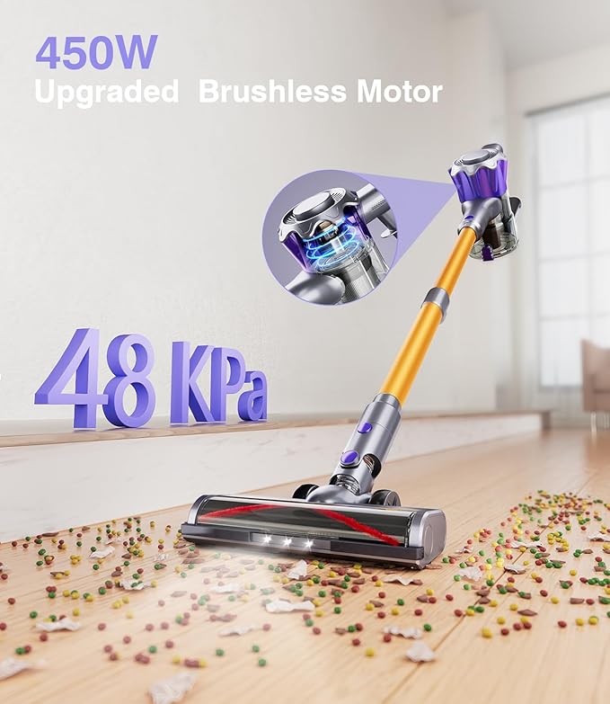 Cordless Vacuum Cleaner, 450W 48Kpa Powerful Stick Vacuum, Up to 65Mins Rechargeable Battery, Vacuum Cleaners for Home Anti-Tangled Lightweight Handheld for Hardwood Floor, Carpets, Pet Hair