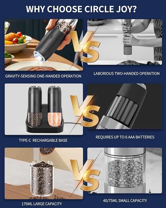 CIRCLE JOY Gravity Sensor Salt and Pepper Grinder Set with Rechargeable Base, Electric Salt and Pepper Grinder Set with External Adjustment, 176ml Capacity and One-handed Operation, Black