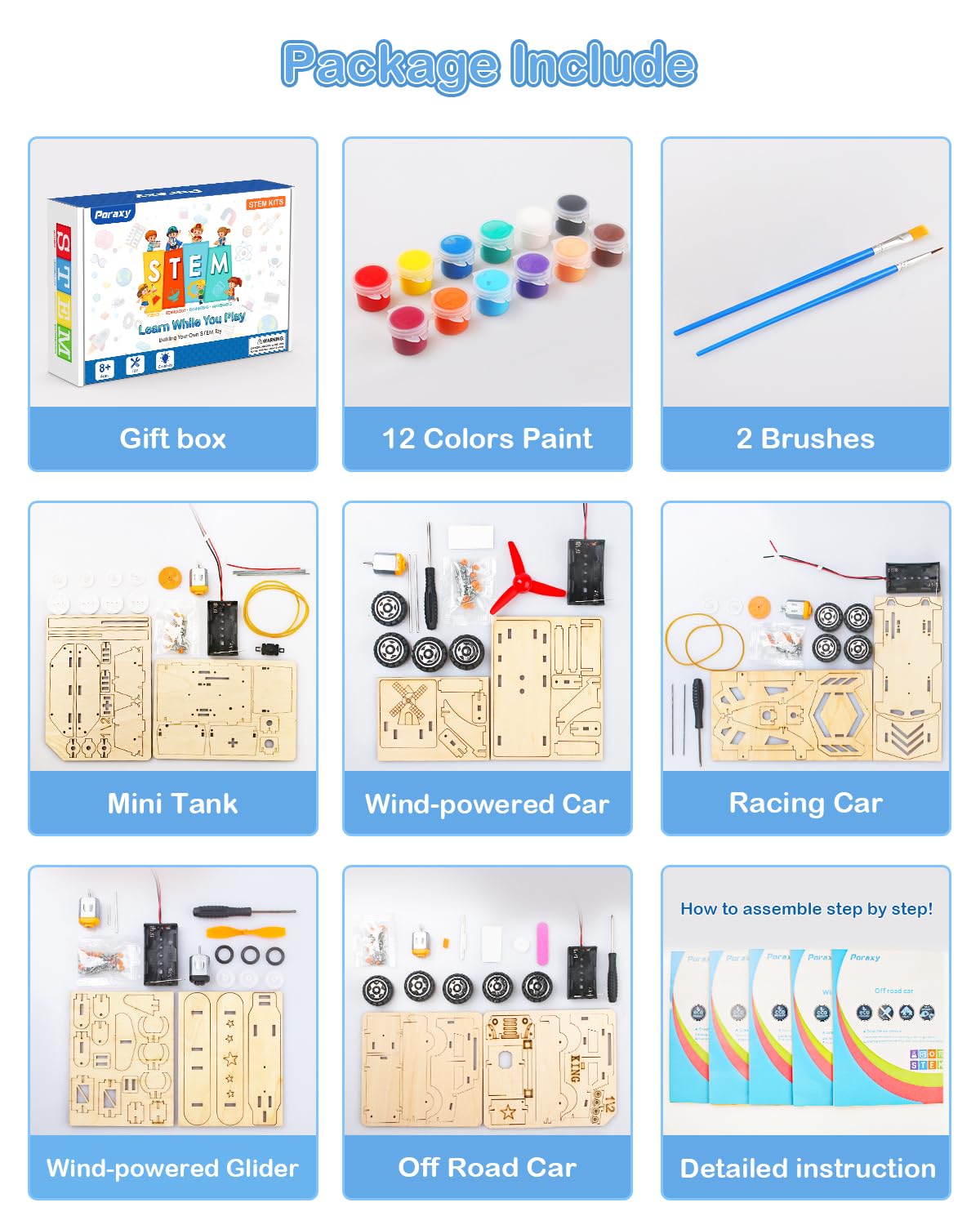 Poraxy STEM Kits for Kids Age 8-10, 5 Set STEM Toys for Boys Age 8-12, Wooden 3D Puzzles Model Car Kits, Science Kit Crafts Building Project, Birthday Gifts for 6 7 8 9 10 11 12 13 Year Old Boys Girls