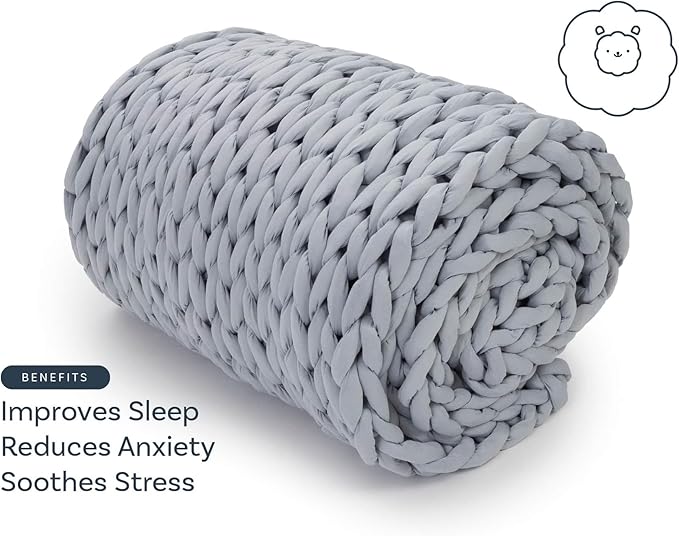 Nuzzie Chunky Knit Weighted Blanket - Breathable, Cooling, Hand Made Knit Throw Blanket for Sleep - Machine Washable, Stylish Design (Light Grey, Throw | 12lbs | 44"x60")