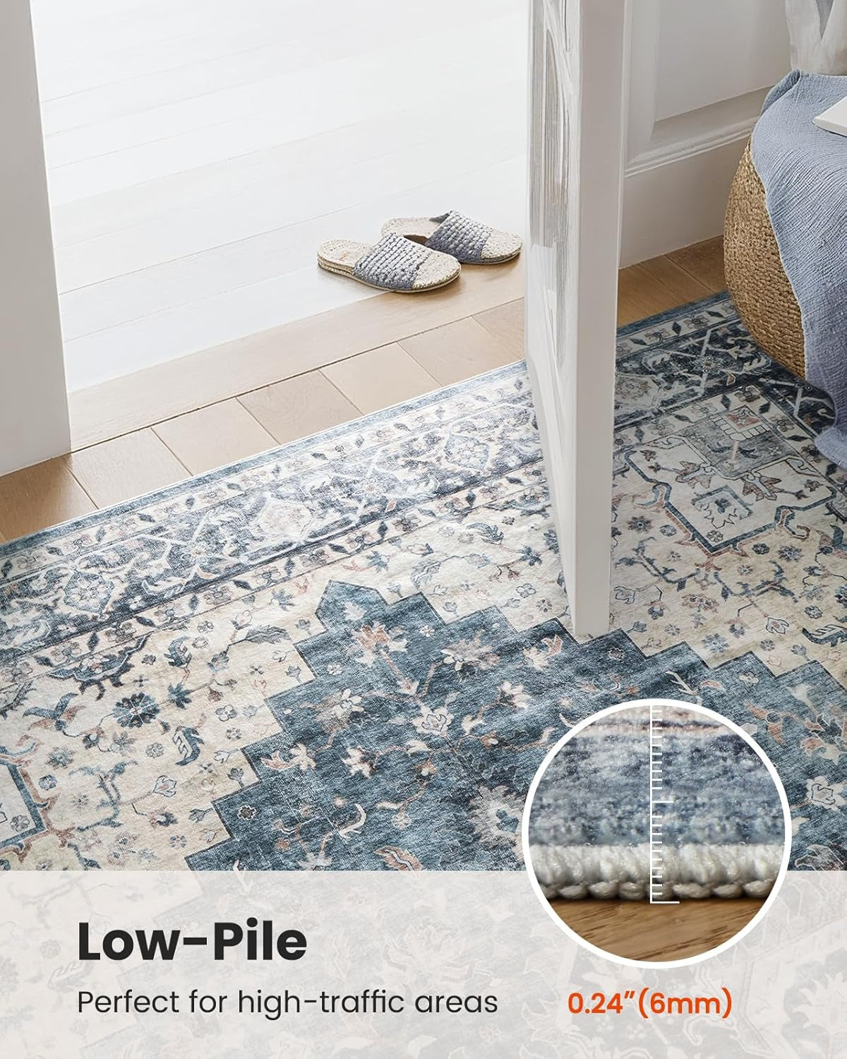 8X10 Washable Area Rug, Low-Profile Large Area Rug with Non-Slip Backing & Durable Edge Binding, Vintage Large Rugs for Living Room, Bedroom, Dinning Room