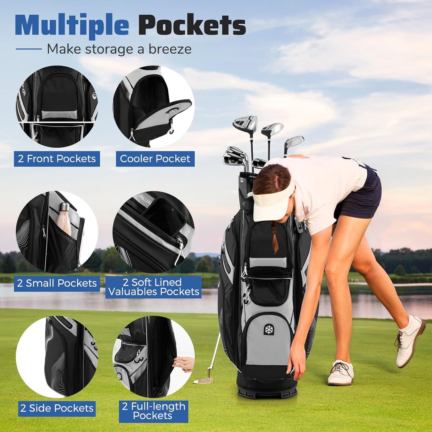 Goplus Lightweight Golf Cart Bag, Molded Lock Top Golf Club Bag w/14-Way Full Length Organizer Dividers, 11 Pockets, Cooler Bag, Straps, Umbrella Holder & Rain Hood for Men Women