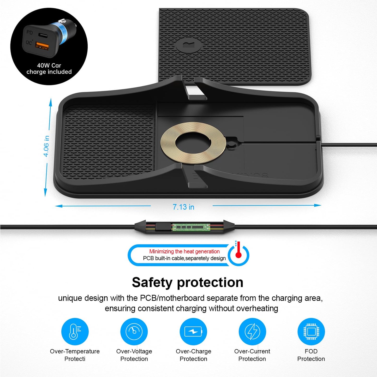 Wireless Car Charger Pad, Reestecqi Large Wireless Charging Pad For Car Non Slip Car Phone Holder Wireless Charger Compatible Wi