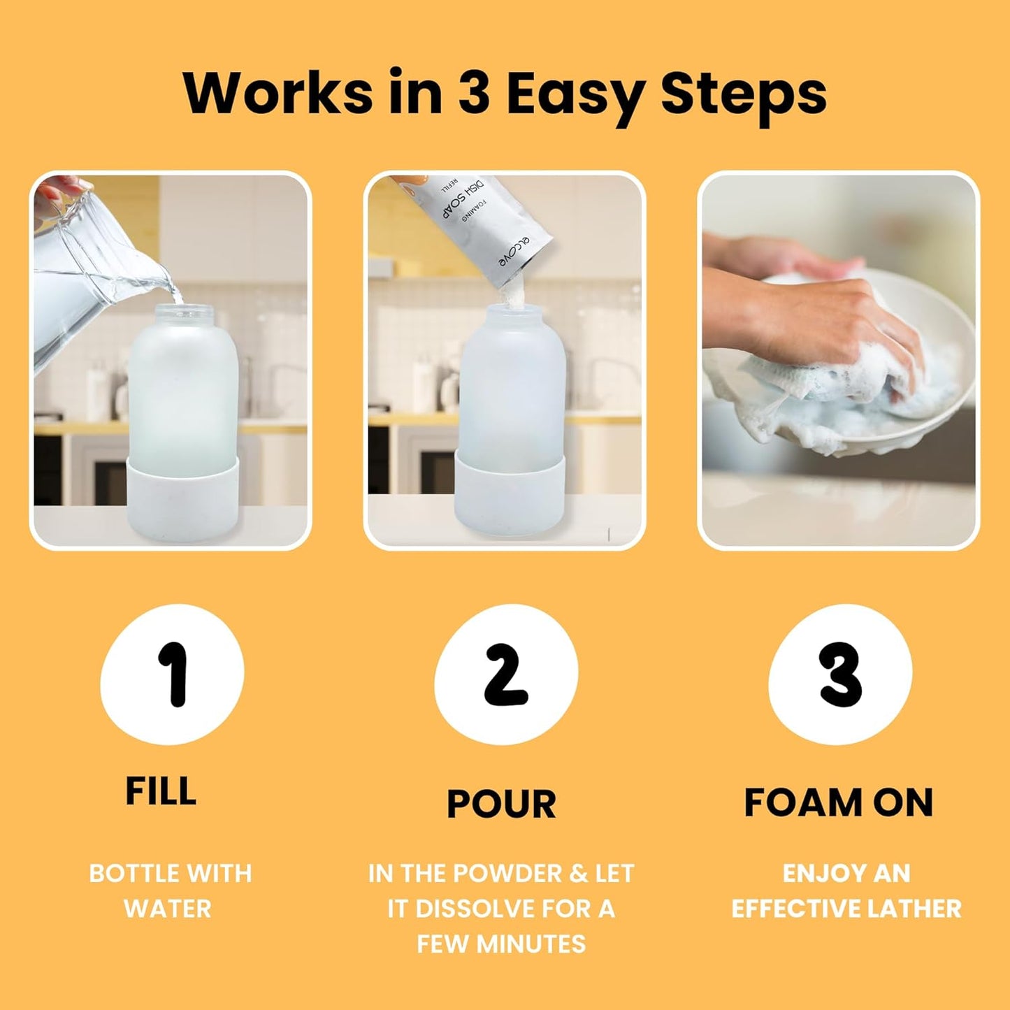 Foaming Dish Soap Refill Eco Friendly (5pk), Concentrated Powder Refills Make 5 Bottles x 12oz each of Non Toxic Dishwashing Soap or Dish Soap Spray, Plastic Free, Septic Safe